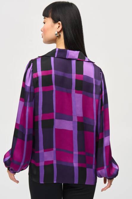 An image of the Joseph Ribkoff Plaid Top in Purple/Black.