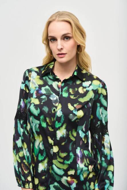 An image of a model wearing the Joseph Ribkoff Collared  Blouse in Black/Multi.