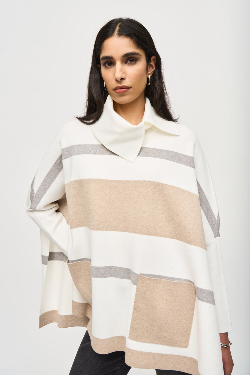 An image of the Joseph Ribkoff Striped Poncho in Vanilla/Oatmeal Melange/Grey.