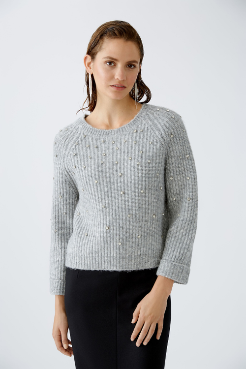 An image of the Oui Jumper With Diamante Detail in River Stone.