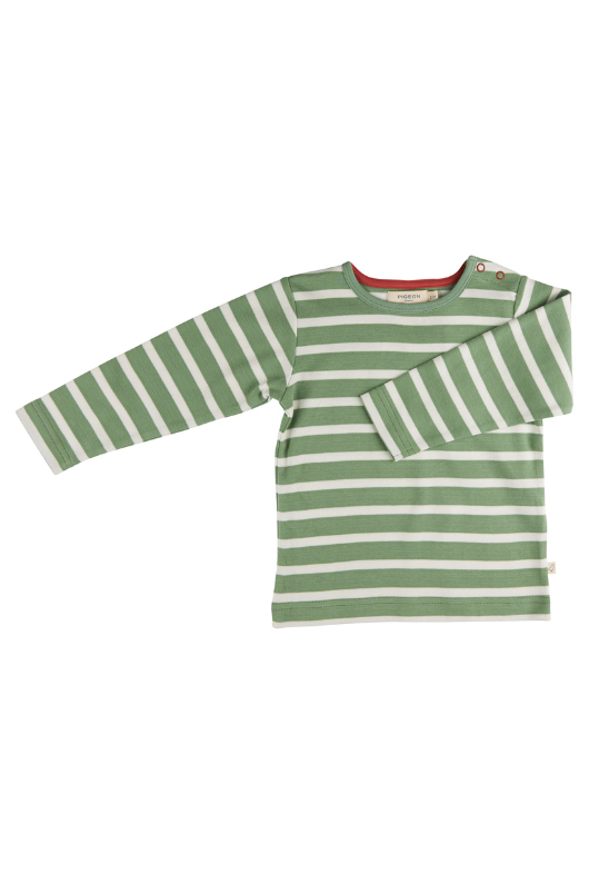 An image of the Pigeon Organic Long Sleeve T-Shirt in Breton Stripe Basil.