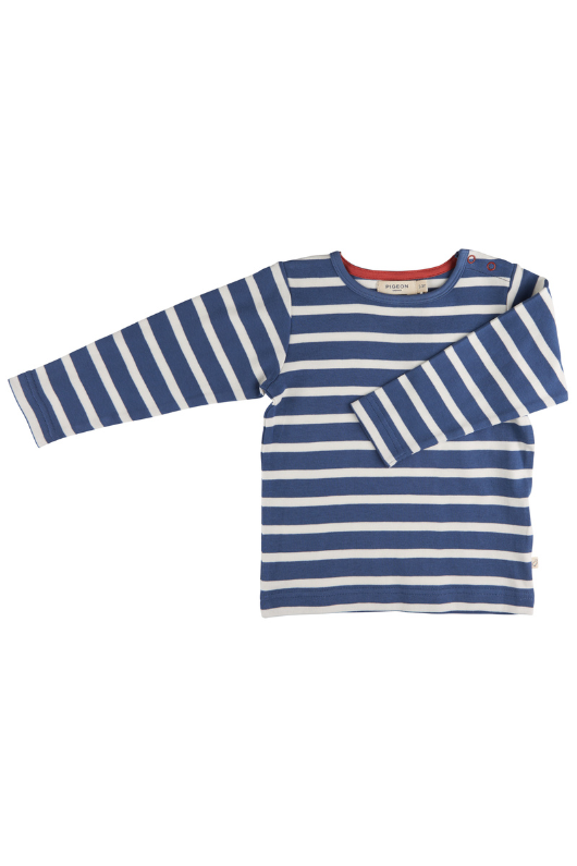 An image of the Pigeon Organic Long Sleeve T-Shirt in Breton Stripe Night Blue/White.