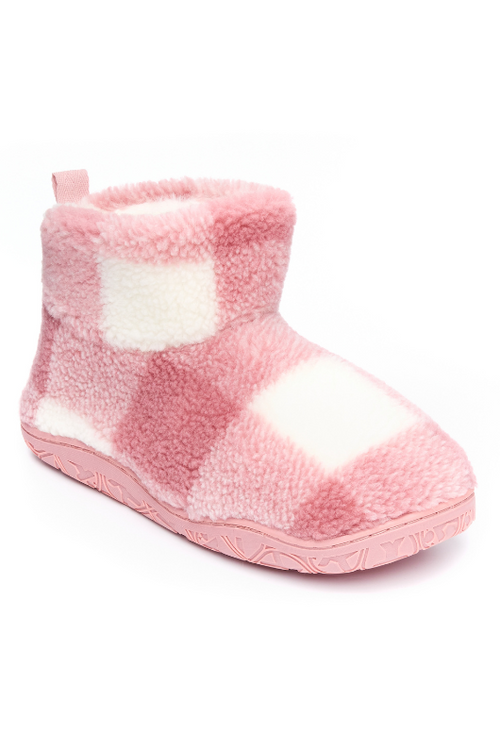 An image of the Bedroom Athletics Celeste Check Sherpa Slipper Boots in Pink Check.