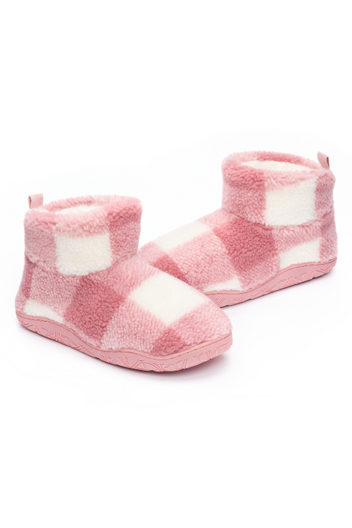 An image of the Bedroom Athletics Celeste Check Sherpa Slipper Boots in Pink Check.