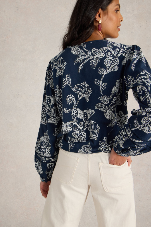 An image of the White Stuff Betty Tie Hem in Navy Print.