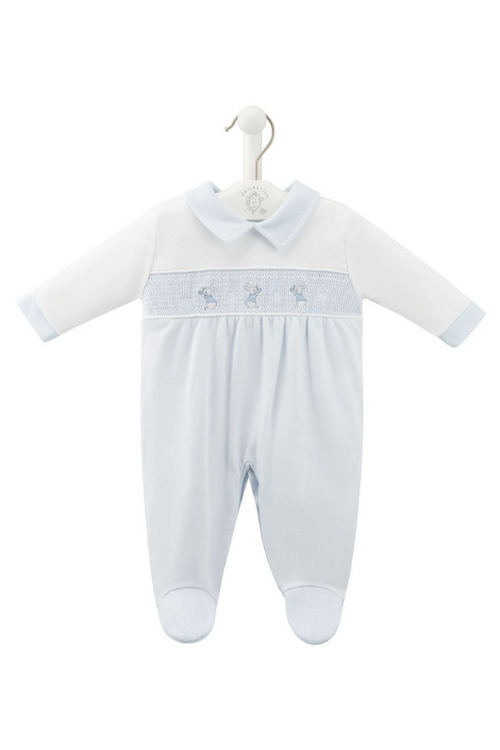 An image of the Dandelion Bunny & Star Smocked Sleepsuit in Blue.