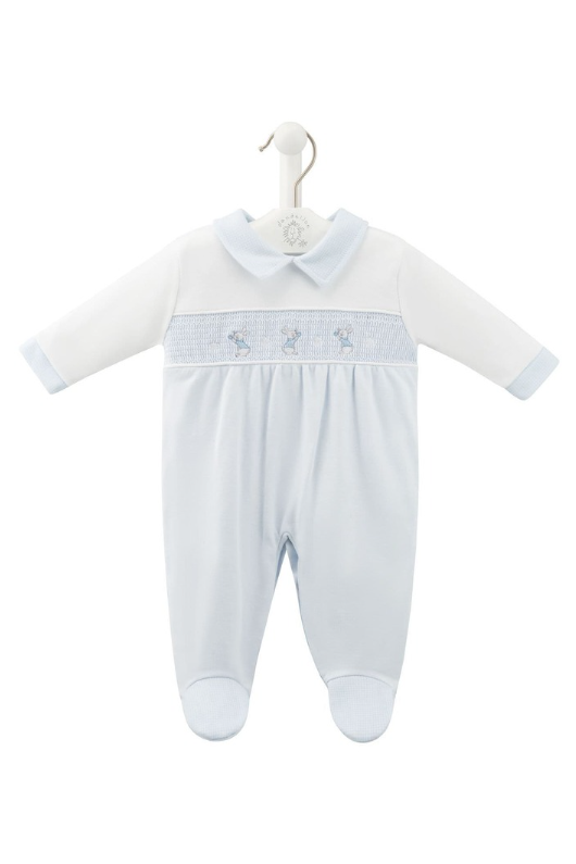 An image of the Dandelion Bunny & Star Smocked Sleepsuit in Blue.