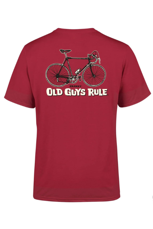 An image  of the Old Guys Rule Cranky T-Shirt in Cardinal Red.