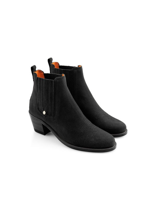 Fairfax & Favor Rockingham Boot. A pair of ankle boots with heel, suede outer, Fairfax & Favor logo. This boot is in the colour Black.