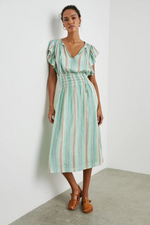 An image of a female model wearing the Rails Iona Dress in the colour Seaview Stripe.