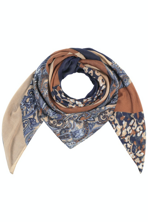 An image of the Betty Barclay Animal Print Scarf in the colour Dark Blue/Camel.
