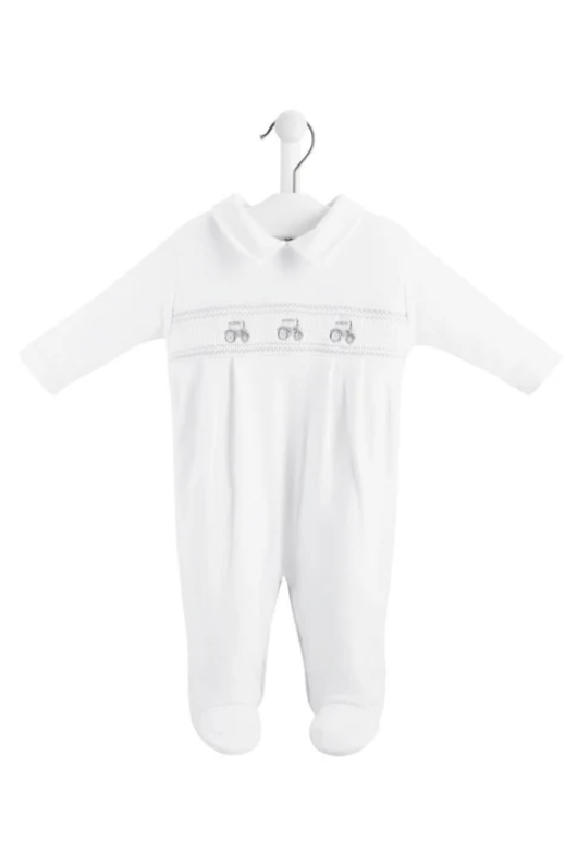 An image of the Dandelion Little Tractor Sleepsuit in White.