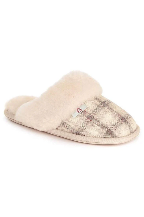 An image of the Bedroom Athletics Kate Harris Tweed Mule Slippers in Cream Check.