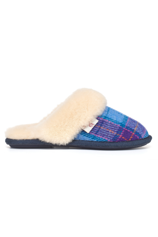 An image of the Bedroom Athletics Kate Harris Tweed Mules in Denim / Purple Check.