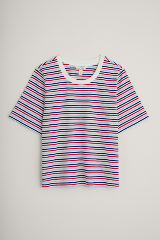 An image of the Seasalt Copseland Striped Organic Cotton T-Shirt in the colour Tri Pellitras Chalk Relish.