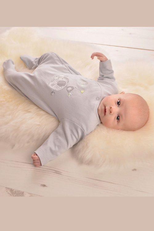 An image of the Dandelion Elephant Cotton Sleepsuit in Grey.