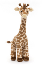 Jellycat Dara Giraffe. A soft toy giraffe with long neck, tall legs, fluffy mane, and happy face.