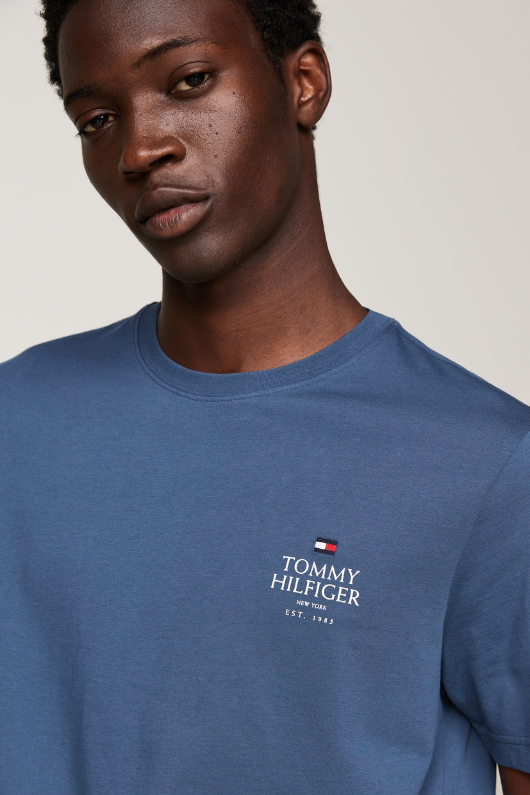 An image of the Tommy Hilfiger Logo Crew Neck Stack T-Shirt in Aegean Sea.