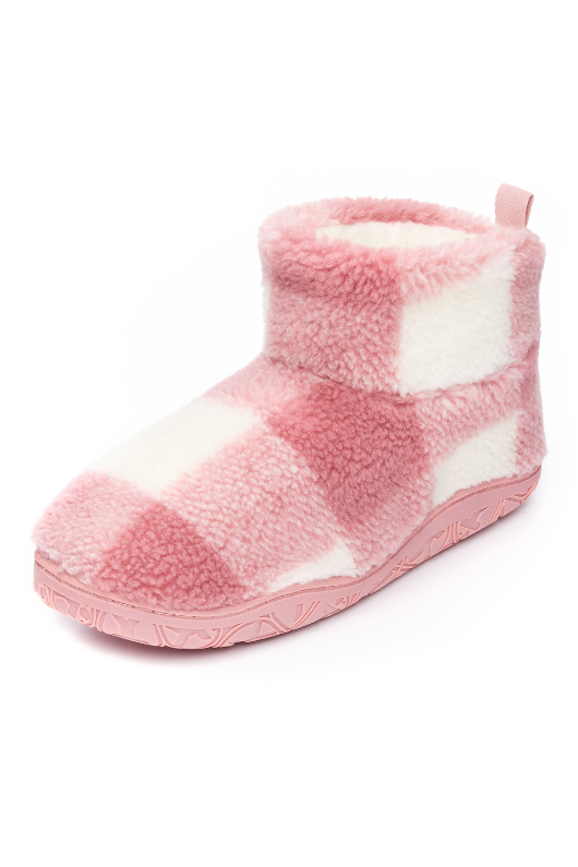 An image of the Bedroom Athletics Celeste Check Sherpa Slipper Boots in Pink Check.