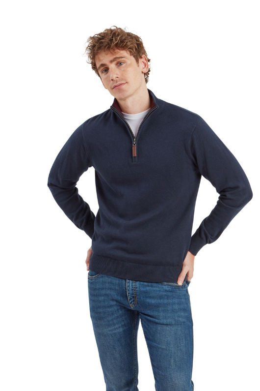 An image of the Schoffel Calton Cotton Cashmere 1/4 Zip in Petrol Blue.