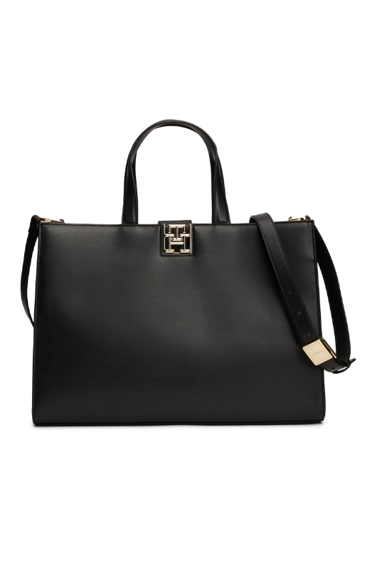 An image of the Tommy Hilfiger TH Monogram Removable Strap Satchel in Black.