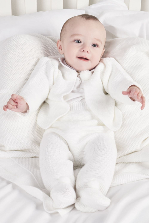 An image of the Dandelion Knitted Pom Pom Top & Trousers in White.