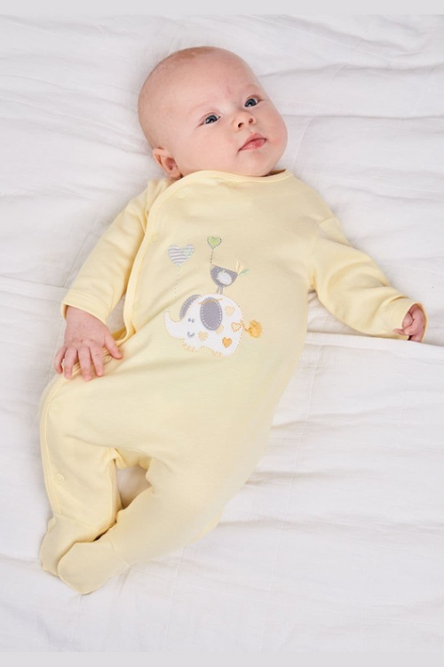 An image of the Dandelion Elephant Cotton Sleepsuit in Lemon.