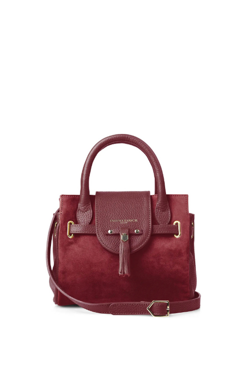 An Image of the Fairfax & Favor Mini Windsor Handbag in Ruby Suede.