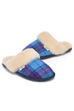 An image of the Bedroom Athletics Kate Harris Tweed Mules in Denim / Purple Check.