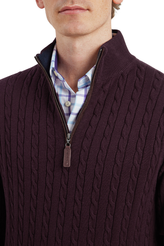 An image of the Schoffel Calton Cotton Cashmere Cable 1/4 Zip Jumper in Wine.