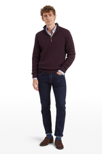 An image of the Schoffel Calton Cotton Cashmere Cable 1/4 Zip Jumper in Wine.