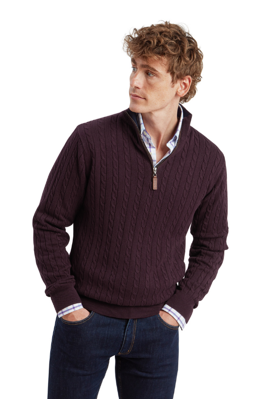 An image of the Schoffel Calton Cotton Cashmere Cable 1/4 Zip Jumper in Wine.