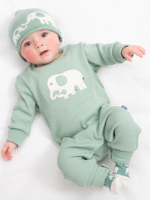 An image of the Kite Ele And Me Waffle Romper in Green.