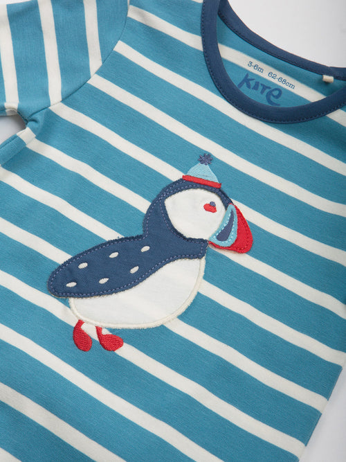 An image of the Kite Puffin Romper in Blue.