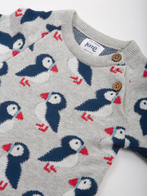 An image of the Kite Puffin Knit Romper in Grey.