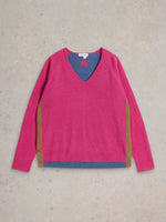 An image of the Verity V Neck Cashmere Jumper in Pink Multi.