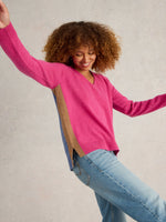 An image of the Verity V Neck Cashmere Jumper in Pink Multi.