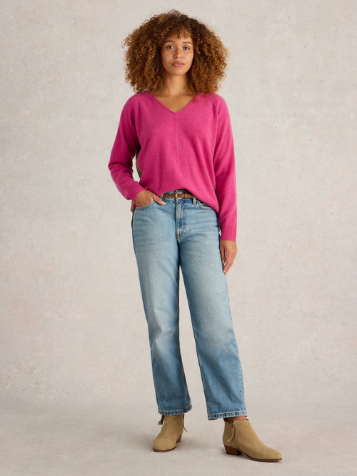 An image of the Verity V Neck Cashmere Jumper in Pink Multi.