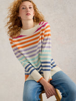 An image of the White Stuff Rainbow Stripe Cashmere Jumper in Natural Multi.