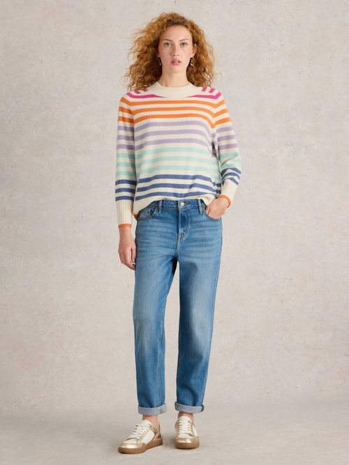 An image of the White Stuff Rainbow Stripe Cashmere Jumper in Natural Multi.