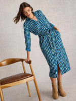 An image of the White Stuff Annie Jersey Shirt Dress in Blue Print.