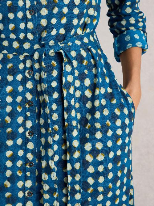 An image of the White Stuff Annie Jersey Shirt Dress in Blue Print.