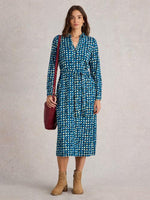 An image of the White Stuff Annie Jersey Shirt Dress in Blue Print.