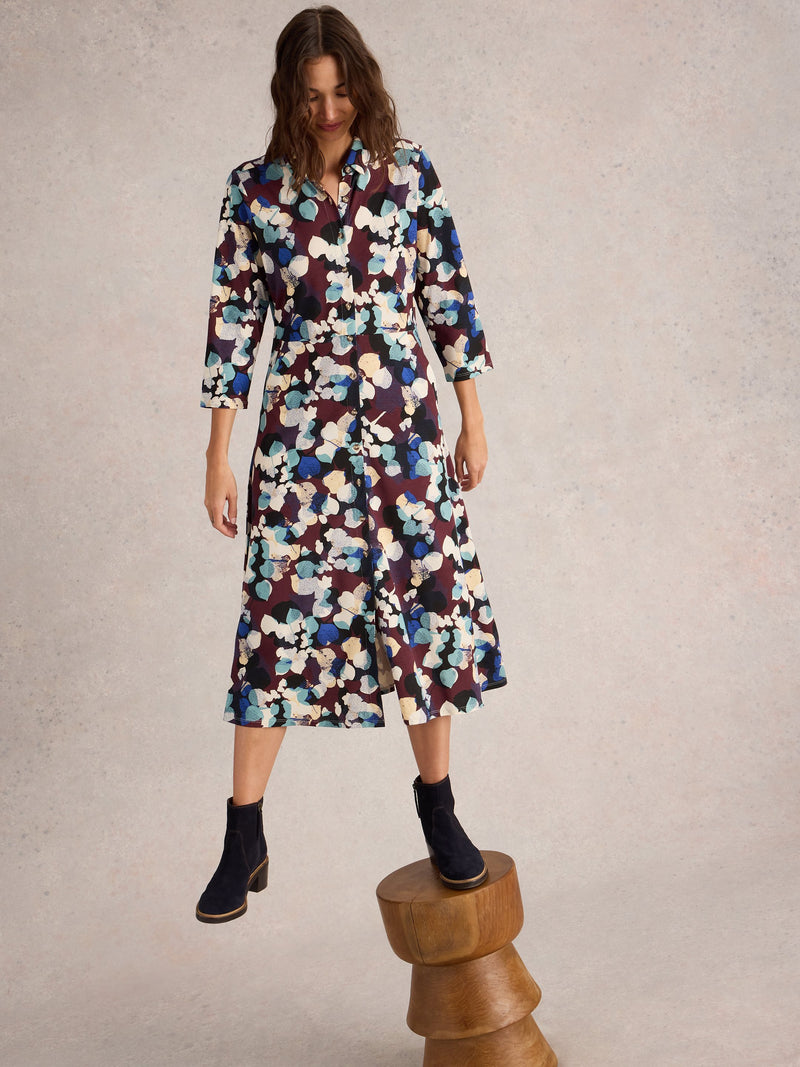 An image of the White Stuff Rua Jersey Shirt Dress in Plum Multi.