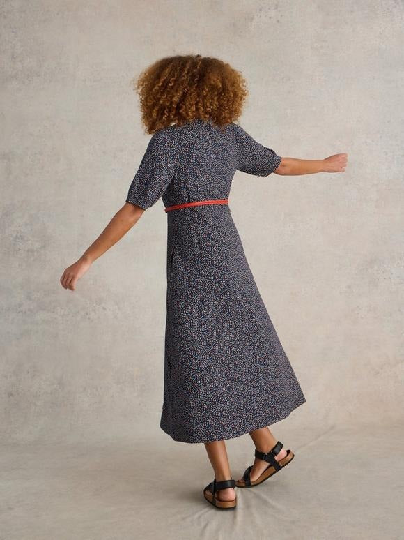 An image of the Megan Jersey Midi Dress in Navy Print.