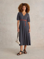 An image of the Megan Jersey Midi Dress in Navy Print.