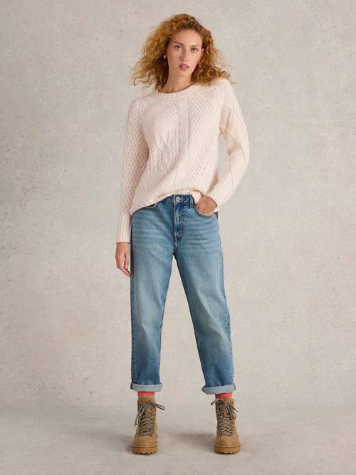 An image of the White Stuff Patchwork Cable Jumper in Light Natural.