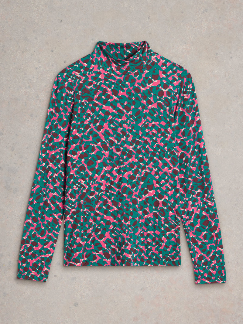 An image of the White Stuff Camille High Neck Tee in Teal Multi.