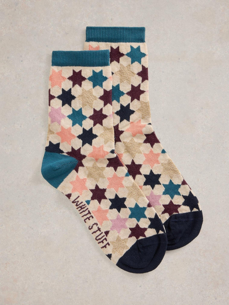 An image of the White Stuff Star Ankle Socks in Natural Multi.