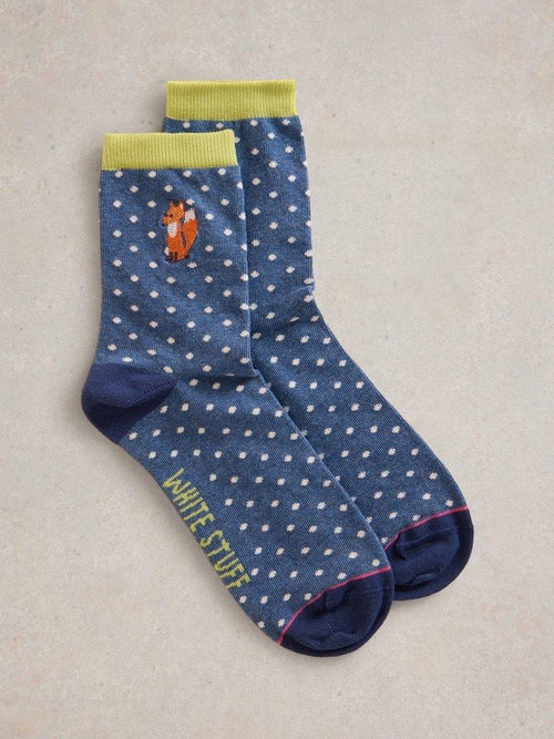 An image of the White Stuff Embroidered Fox Ankle Socks in Blue Multi.